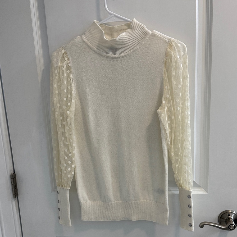 Talbots Cream Turtleneck Sweater with Polka Dot Sleeves